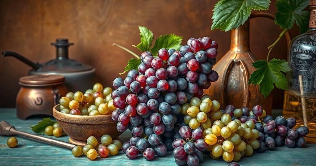 Colorful grapes and distillery equipment representing the premium Pisco spirit from Peru and Chile.