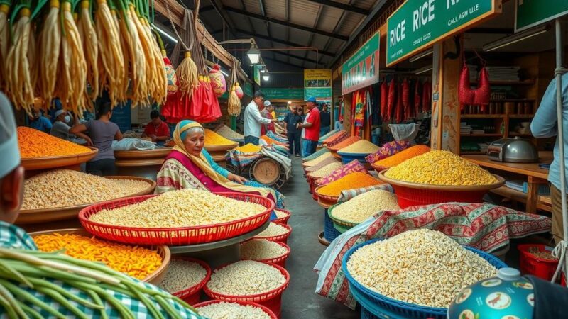 A bustling rice market in Jakarta with stalls and vendors showcasing rice varieties amid vibrant colors.