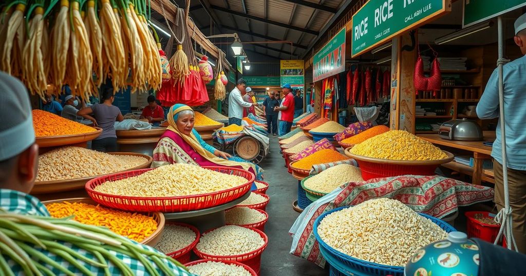 A bustling rice market in Jakarta with stalls and vendors showcasing rice varieties amid vibrant colors.