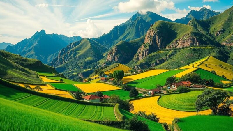 A vibrant Colombian landscape representing community engagement and social transformation, focusing on rural unity.