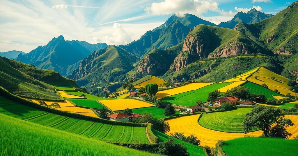 A vibrant Colombian landscape representing community engagement and social transformation, focusing on rural unity.