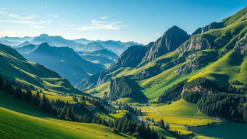 A tranquil landscape depicting mountains and valleys, symbolizing peace and cooperation against terrorism.