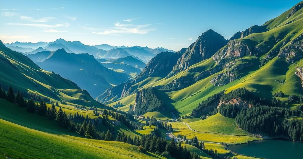 A tranquil landscape depicting mountains and valleys, symbolizing peace and cooperation against terrorism.