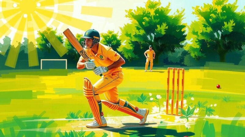 Stylized cricket scene in vibrant colors showcasing a player hitting a record-breaking score in a match.