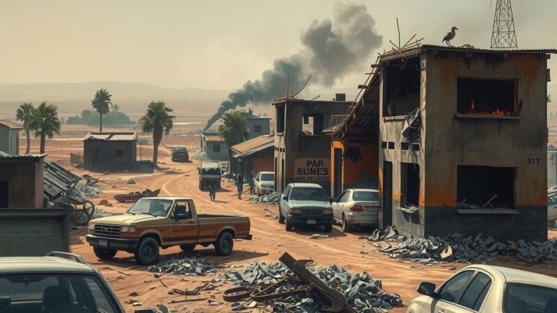 A depiction of a war-torn landscape in Sudan, showcasing destruction and chaos reflected in muted colors.