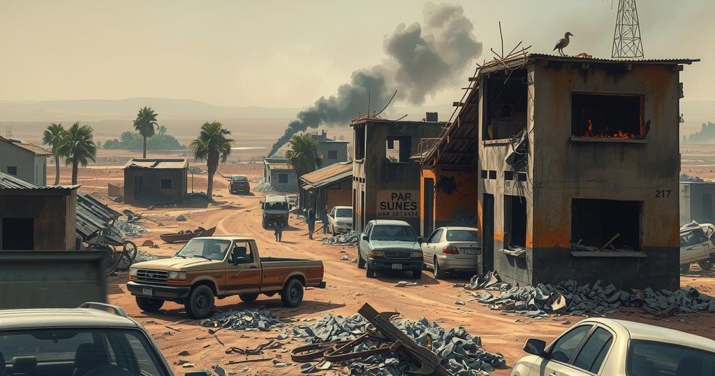 A depiction of a war-torn landscape in Sudan, showcasing destruction and chaos reflected in muted colors.