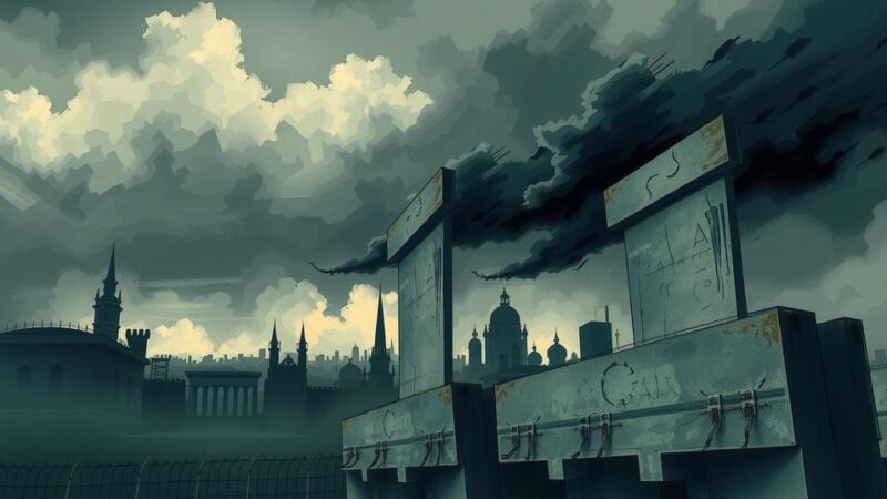 A somber landscape reflecting social unrest with dark clouds, a turbulent sky, and muted colors representing tension.
