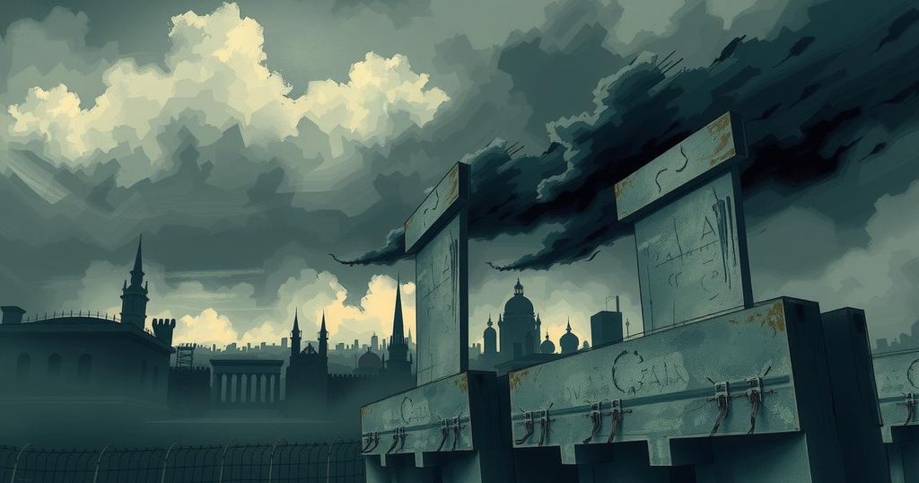 A somber landscape reflecting social unrest with dark clouds, a turbulent sky, and muted colors representing tension.