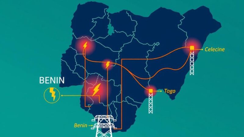 Map showing Nigeria with power lines and borders to Benin and Togo, symbolizing electricity trade and debts.