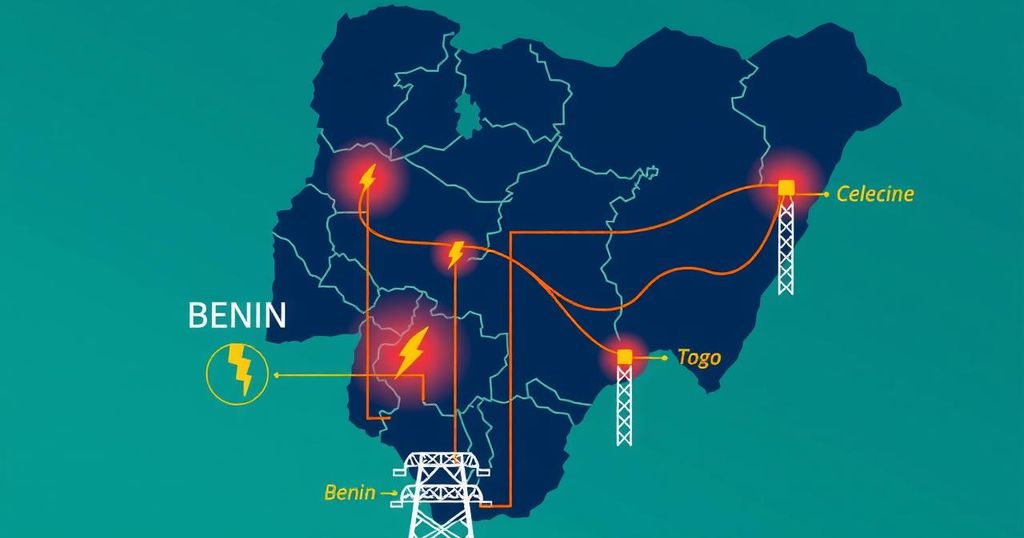Map showing Nigeria with power lines and borders to Benin and Togo, symbolizing electricity trade and debts.