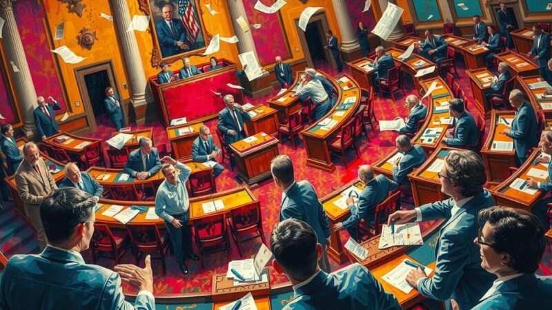 Chaos in a legislative assembly with protest and disruption over energy contracts amidst a background of bright colors.