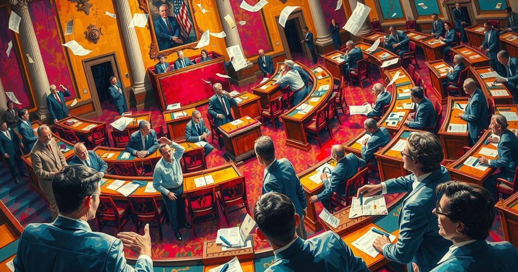 Chaos in a legislative assembly with protest and disruption over energy contracts amidst a background of bright colors.