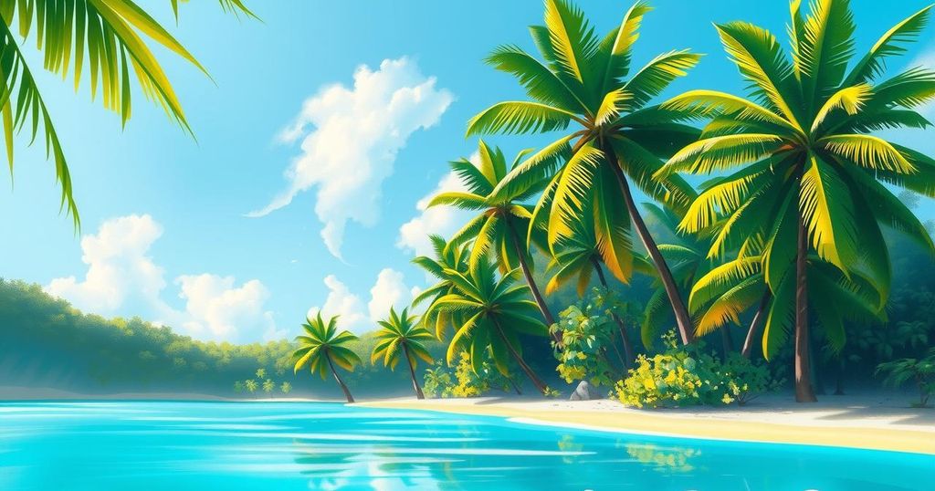 A tropical landscape featuring vibrant greenery and a serene beach, symbolizing Caribbean unity and cooperation.