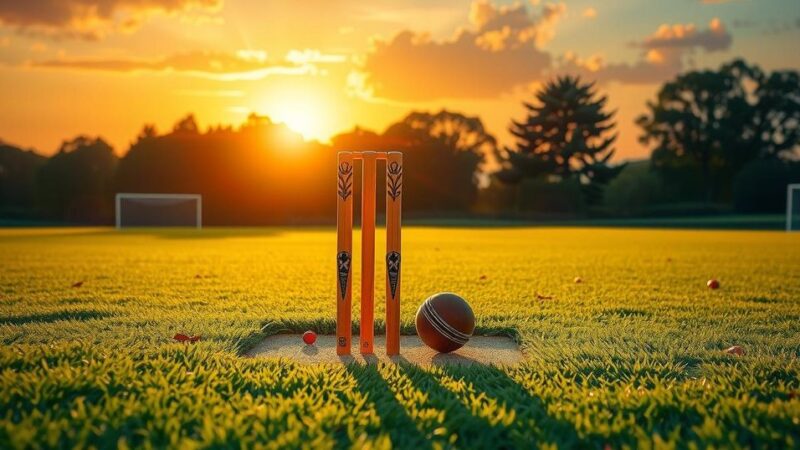 A cricket pitch with stumps in focus, featuring a golden sunset sky and green grass, capturing a moment of sportsmanship.