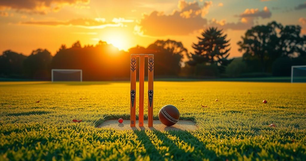 A cricket pitch with stumps in focus, featuring a golden sunset sky and green grass, capturing a moment of sportsmanship.