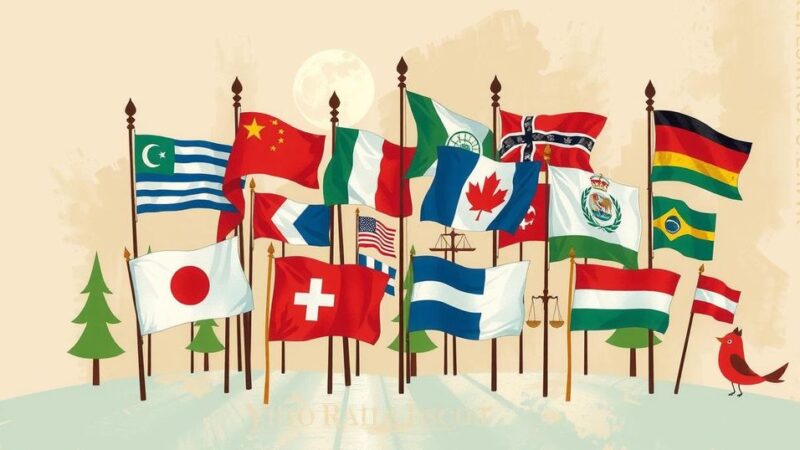 A gathering of flags and symbols representing unity, justice, and global diplomacy in muted colors.