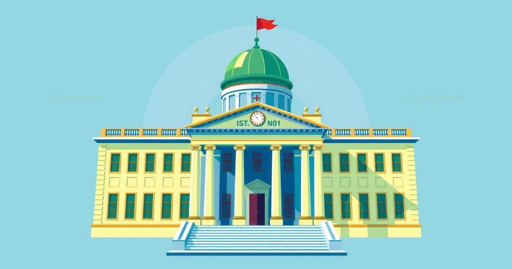 Colorful abstract representation of a government building symbolizing leadership and progress.