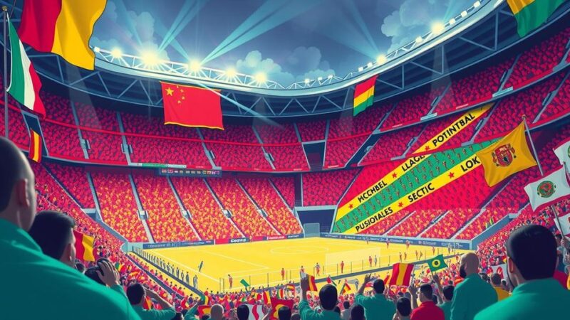 Vibrant stadium scene filled with colors representing teams, celebrating sportsmanship and unity in women's soccer.
