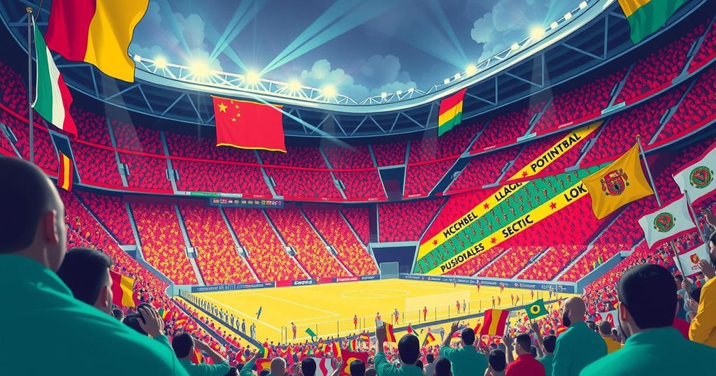 Vibrant stadium scene filled with colors representing teams, celebrating sportsmanship and unity in women's soccer.