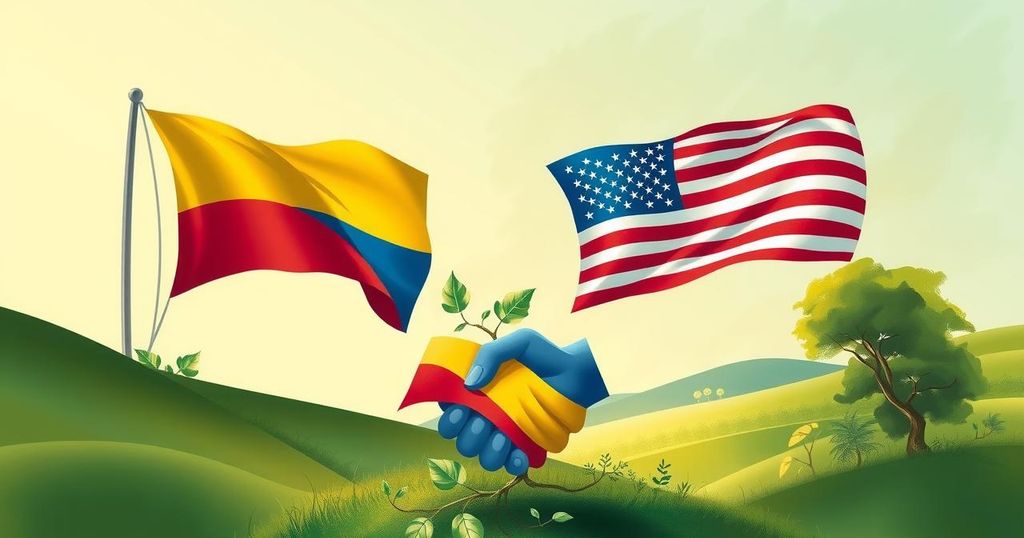Symbolic representation of diplomacy between Colombia and the US with flags and handshake in a serene environment.