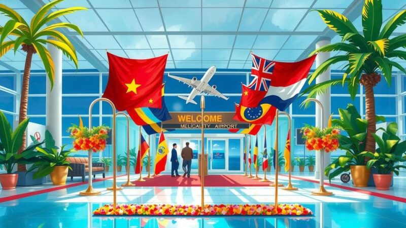 Ceremonial welcome at an airport, flags waving, cultural exchange, vibrant colors, lively atmosphere.