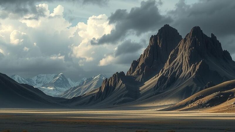 A desolate landscape with rugged mountains and a cloudy sky, showcasing a somber atmosphere.