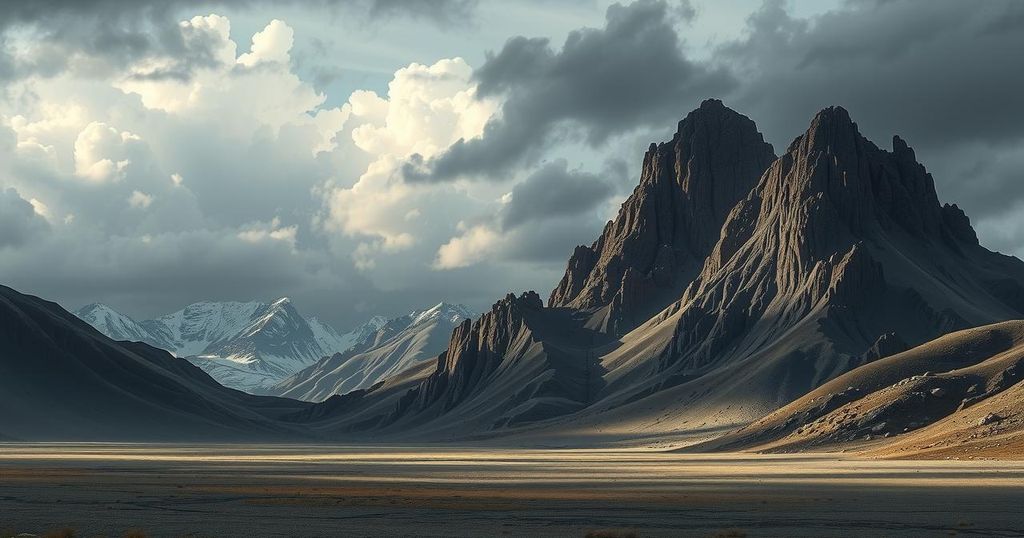 A desolate landscape with rugged mountains and a cloudy sky, showcasing a somber atmosphere.