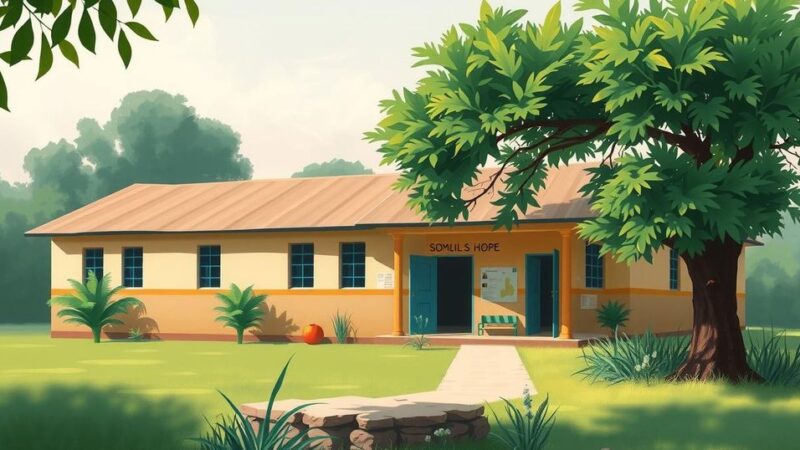 A serene landscape depicting a vibrant educational setting in Somalia, showcasing a school surrounded by lush greenery.