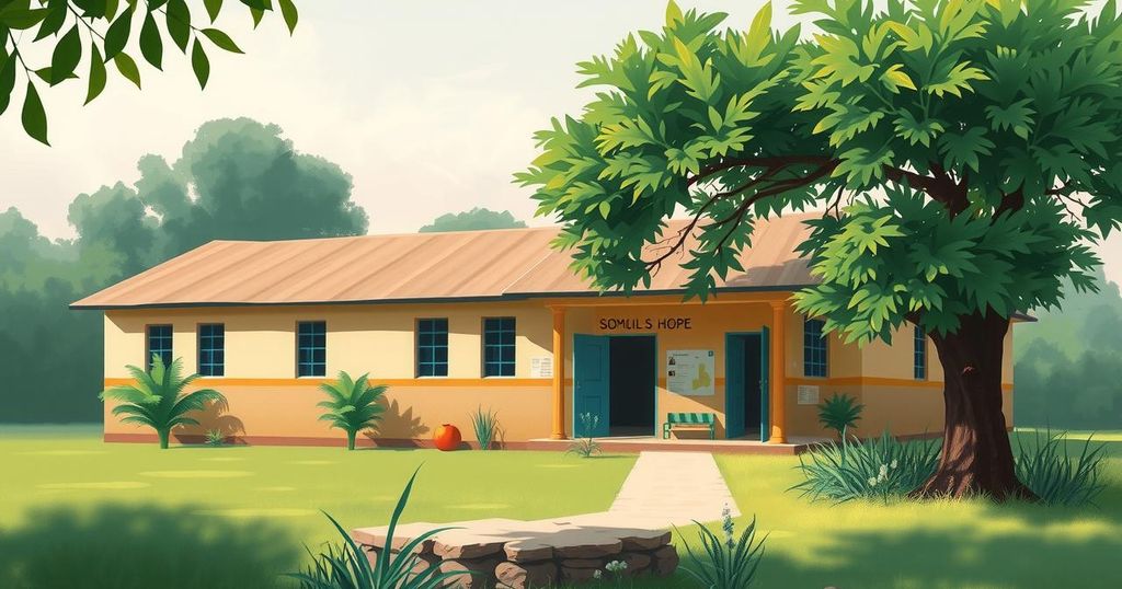A serene landscape depicting a vibrant educational setting in Somalia, showcasing a school surrounded by lush greenery.