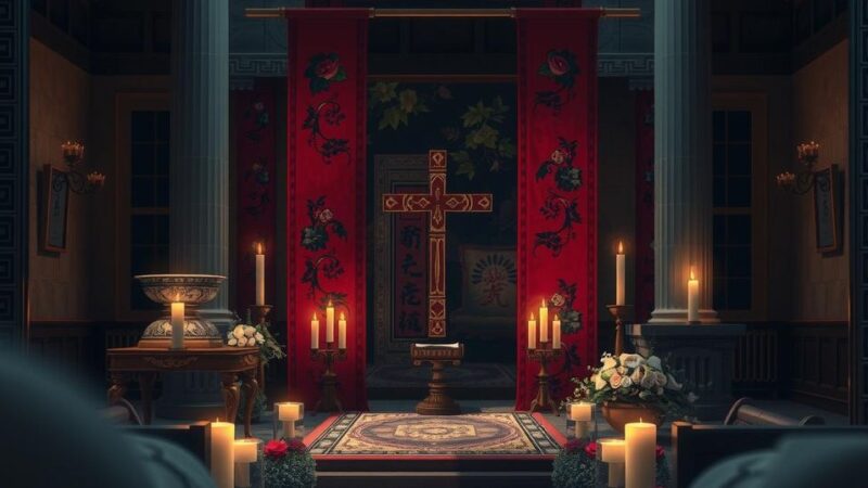 Ceremony setting with symbolic elements representing mourning and tradition, featuring rich colors and intricate designs.