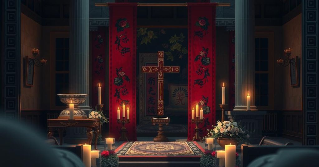 Ceremony setting with symbolic elements representing mourning and tradition, featuring rich colors and intricate designs.