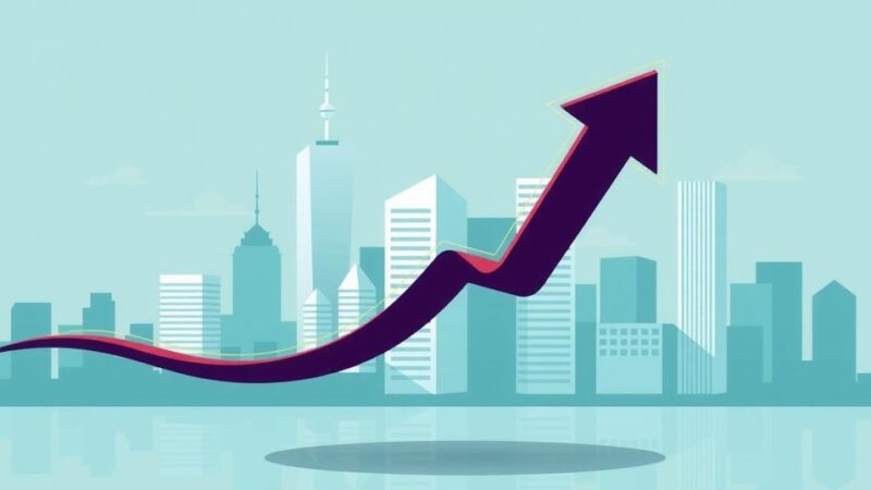 A financial symbol of a downward arrow with a backdrop of a stylized city skyline, symbolizing economic changes.