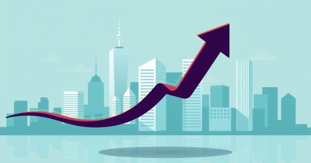 A financial symbol of a downward arrow with a backdrop of a stylized city skyline, symbolizing economic changes.