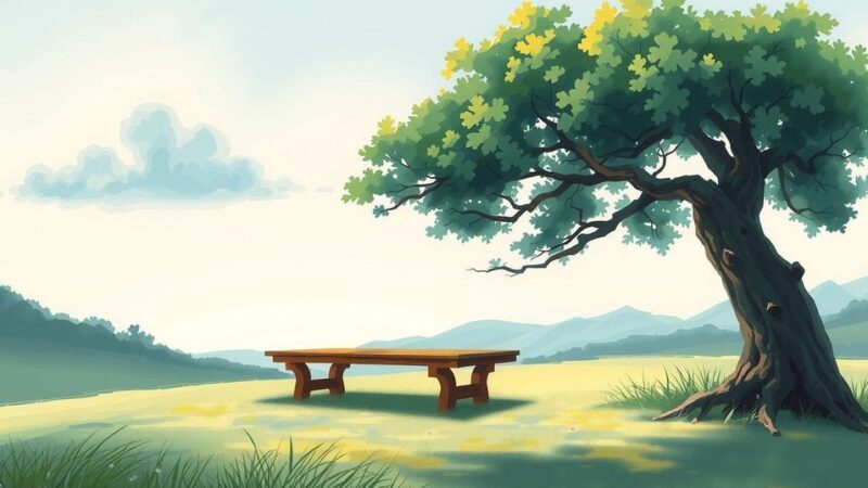A peaceful landscape depicting representatives signing a document, symbolizing unity and hope amidst tranquility.