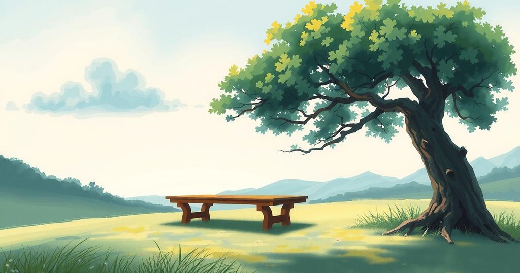 A peaceful landscape depicting representatives signing a document, symbolizing unity and hope amidst tranquility.