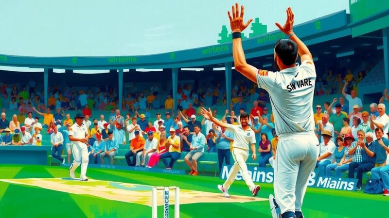Celebratory scene depicting the joy of a successful wicket in a cricket match with a vibrant stadium backdrop.