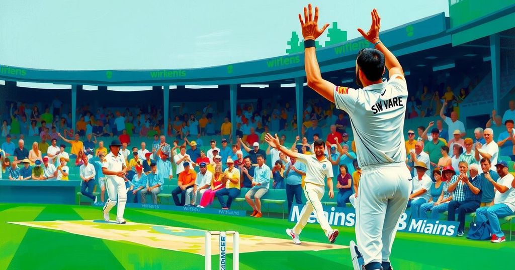Celebratory scene depicting the joy of a successful wicket in a cricket match with a vibrant stadium backdrop.