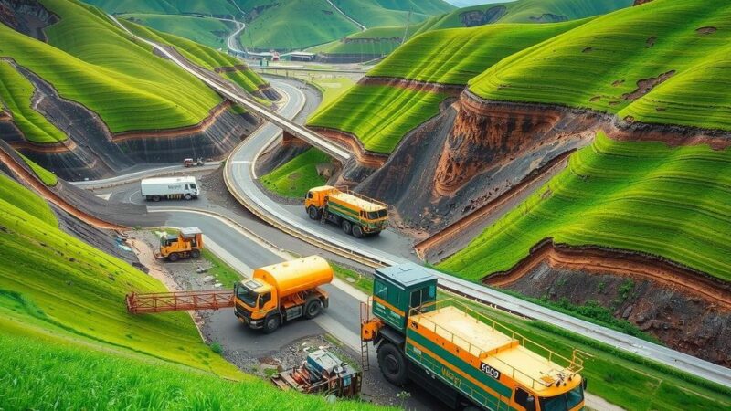 Copper mining landscape in Chile with vibrant green hills and machinery working, showcasing industrial progress.