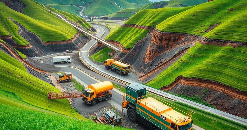 Copper mining landscape in Chile with vibrant green hills and machinery working, showcasing industrial progress.