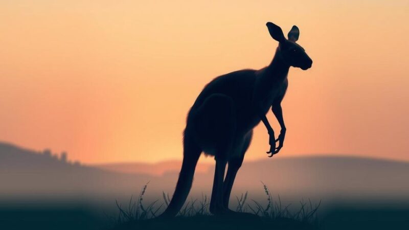 A determined kangaroo silhouette in a serene landscape during dawn, symbolizing quiet resolve in sports.