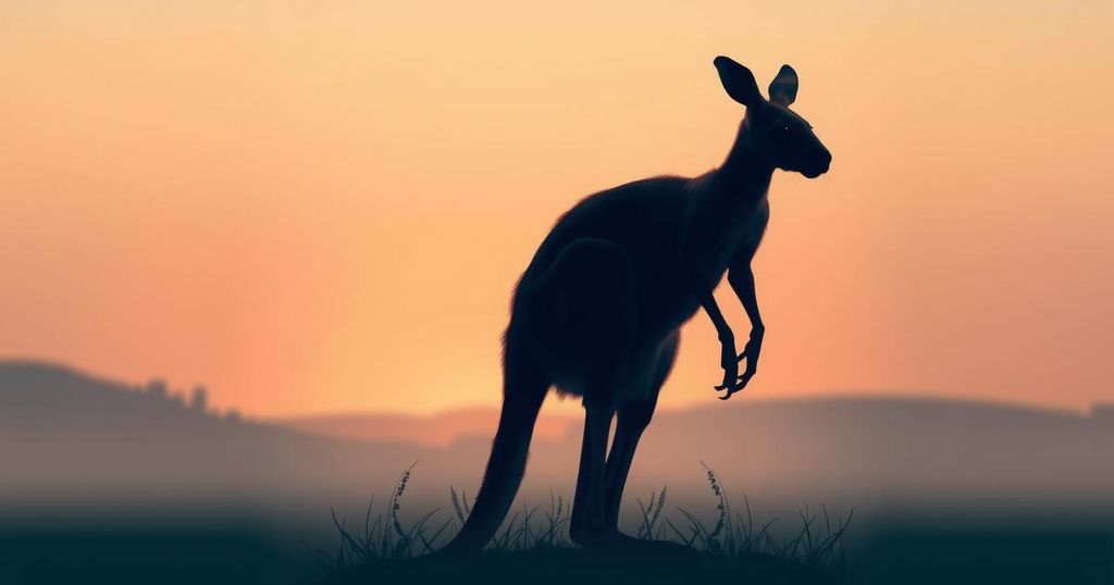 A determined kangaroo silhouette in a serene landscape during dawn, symbolizing quiet resolve in sports.