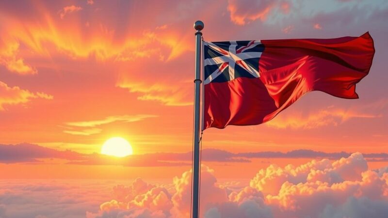 Two flags stand tall against a sunset backdrop, symbolizing diplomacy and peace efforts in the Middle East.