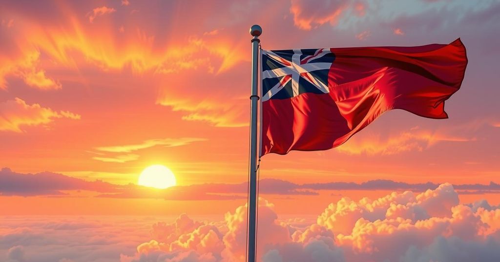 Two flags stand tall against a sunset backdrop, symbolizing diplomacy and peace efforts in the Middle East.