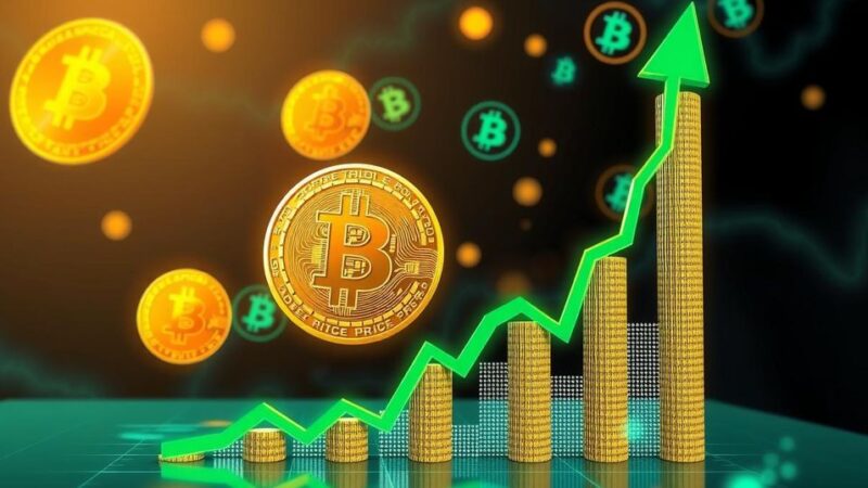 Bitcoin surge represented by a rising graph against a backdrop of digital currency symbols and vibrant colors