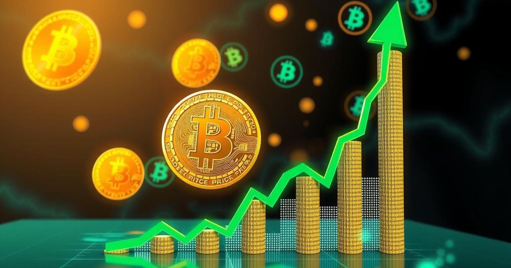 Bitcoin surge represented by a rising graph against a backdrop of digital currency symbols and vibrant colors