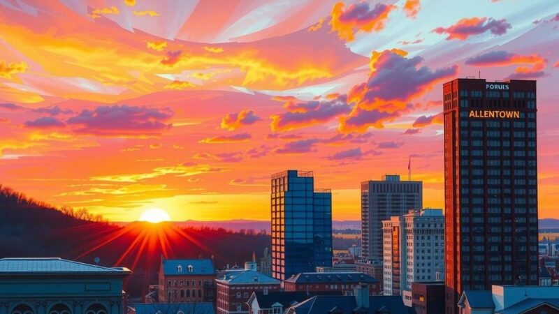 Allentown skyline with vibrant sunset colors casting a warm glow over the cityscape, reflecting community spirit.