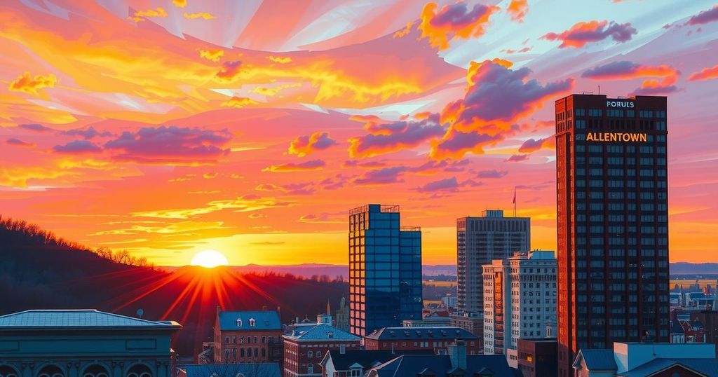 Allentown skyline with vibrant sunset colors casting a warm glow over the cityscape, reflecting community spirit.