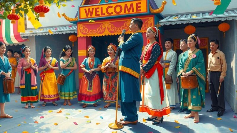 Ceremonial welcome for an Indian dignitary, vibrant cultural performances and traditional attire, colorful setting.