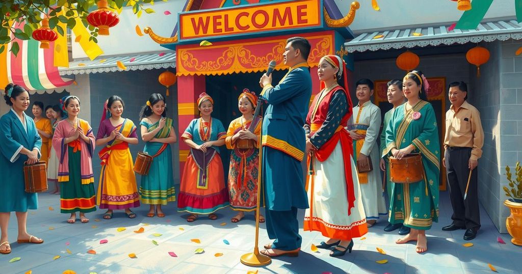 Ceremonial welcome for an Indian dignitary, vibrant cultural performances and traditional attire, colorful setting.