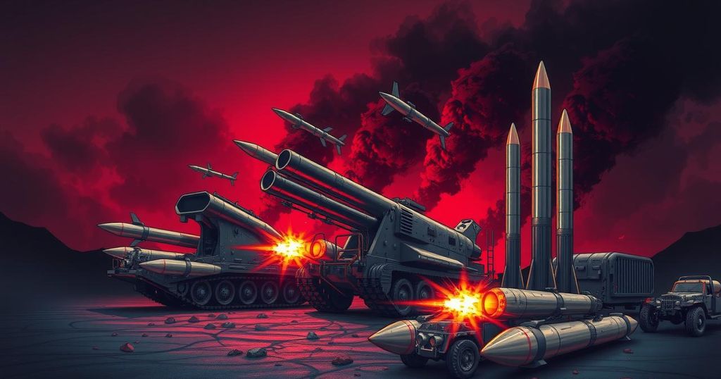 A conceptual military theme featuring artillery, shells, and missiles in a dramatic color palette.